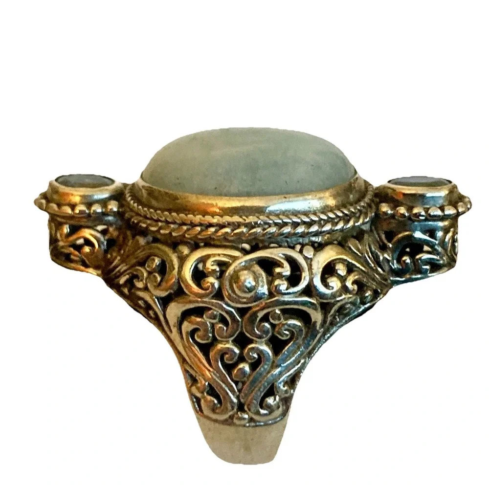 Sarda Sterling Silver 925 Aquamarine & Topaz Ring Size 8 Ornate Large Statement - Picture 2 of 5